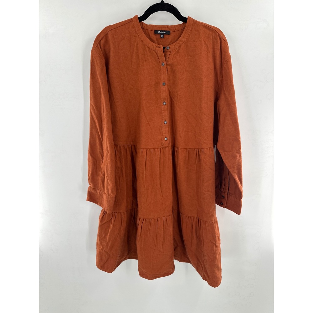 Madewell Flannel Button-Placket Tiered Mini Dress‎ Warm Nutmeg XXL - Picture 4 of 8